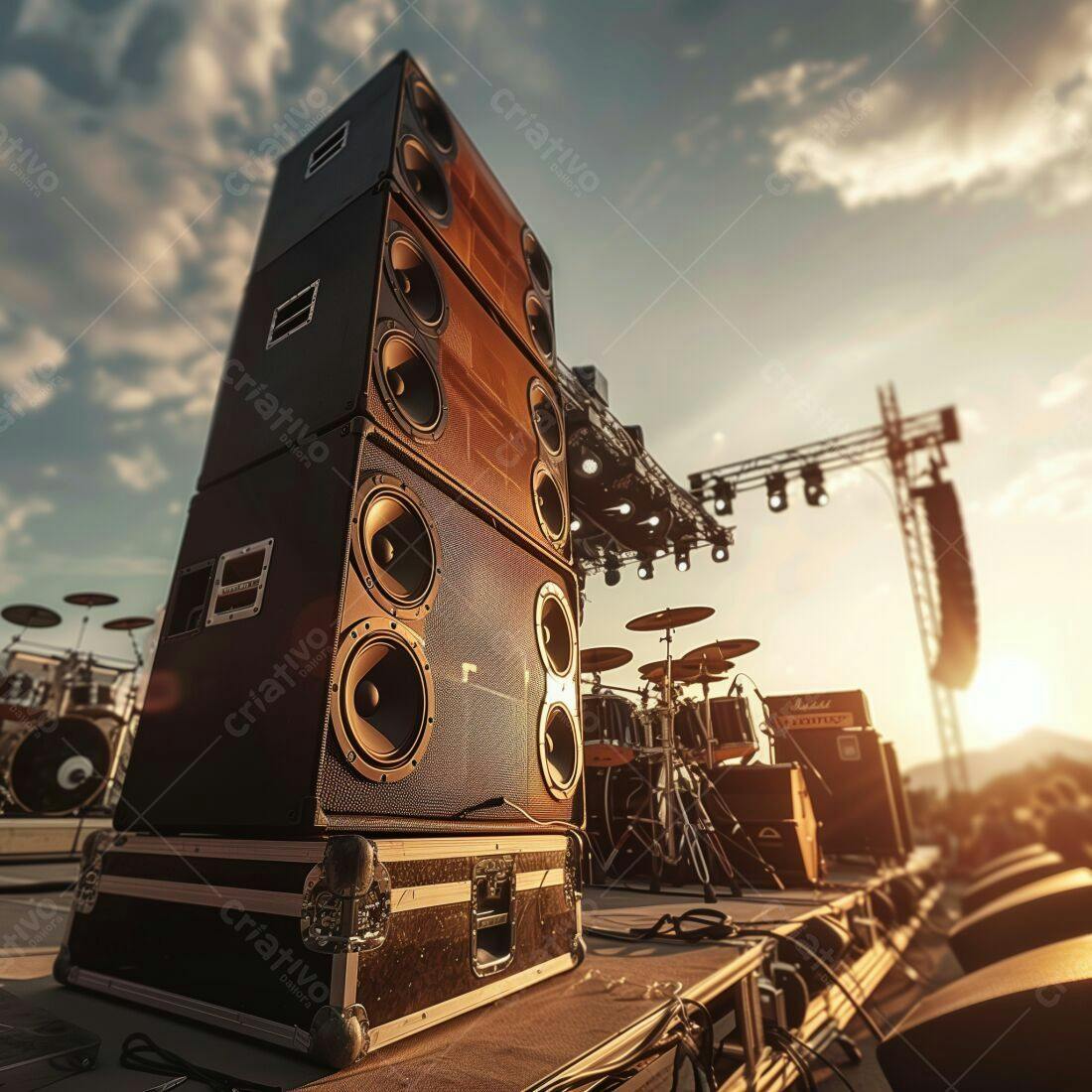 Caixas de som em palco ao entardecer