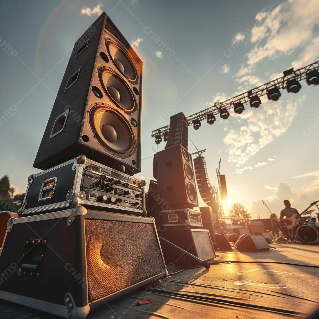 Equipamento de som em palco ao entardecer