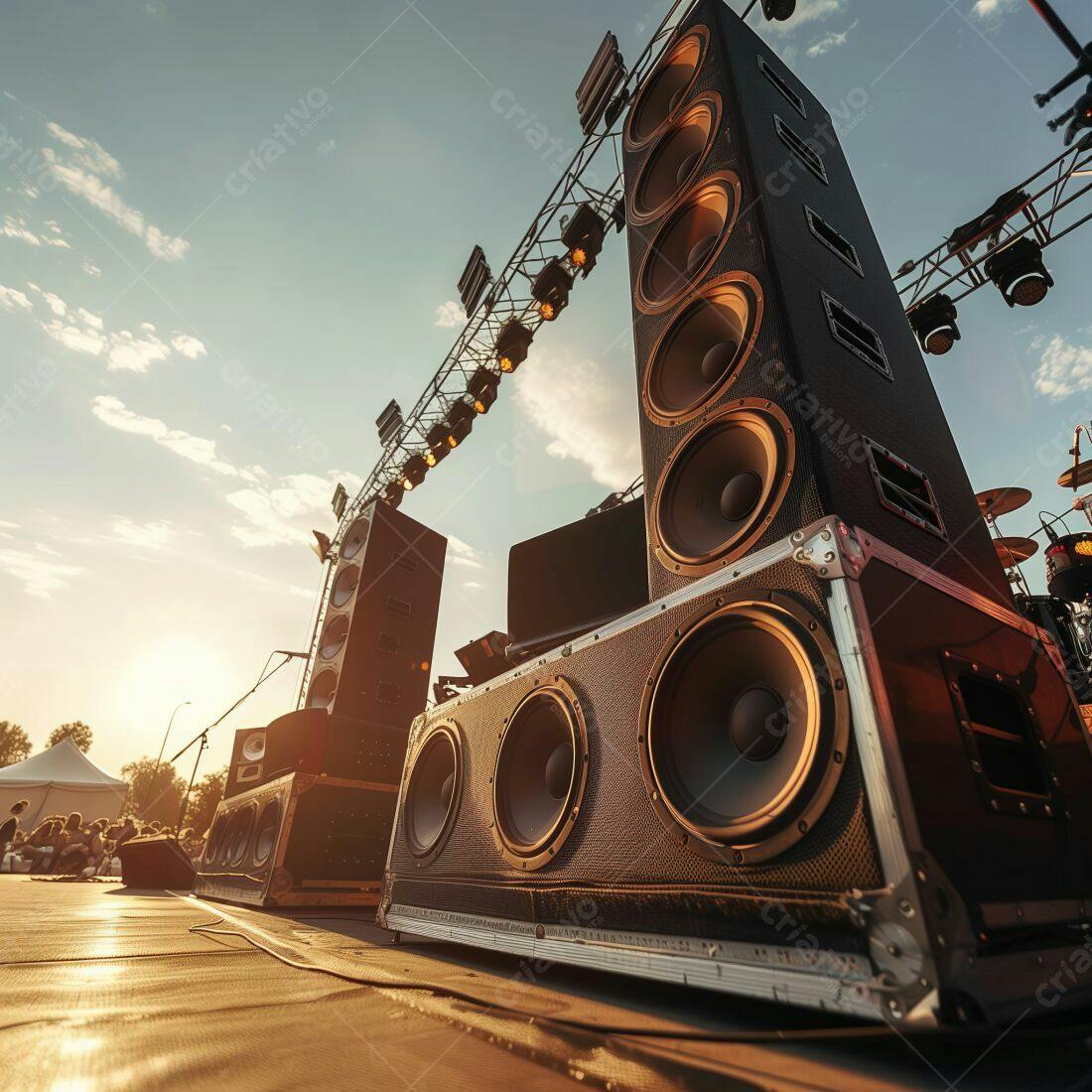 Caixas de som em palco ao entardecer
