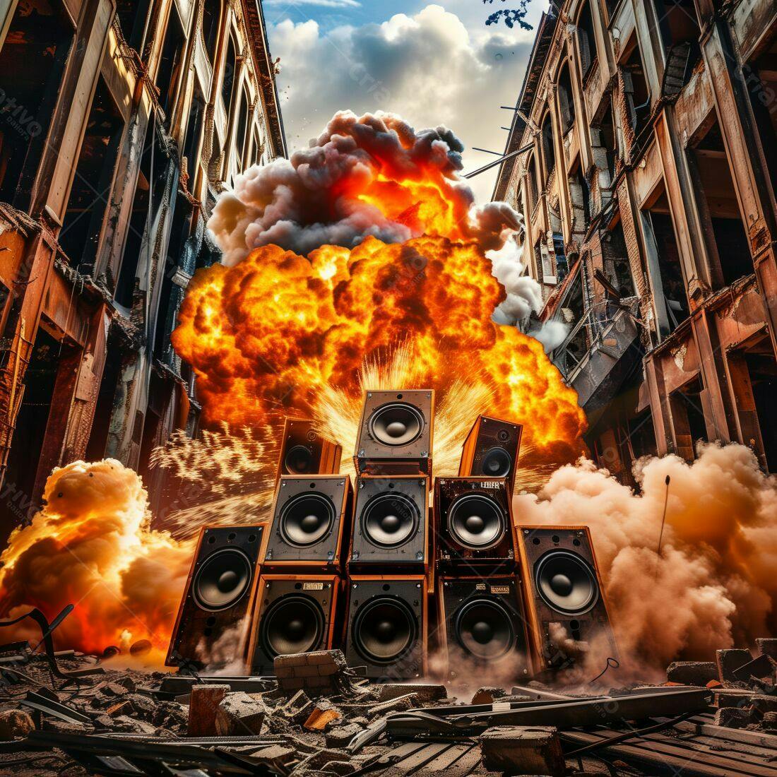 Explosão com caixas de som em cenário urbano destruído