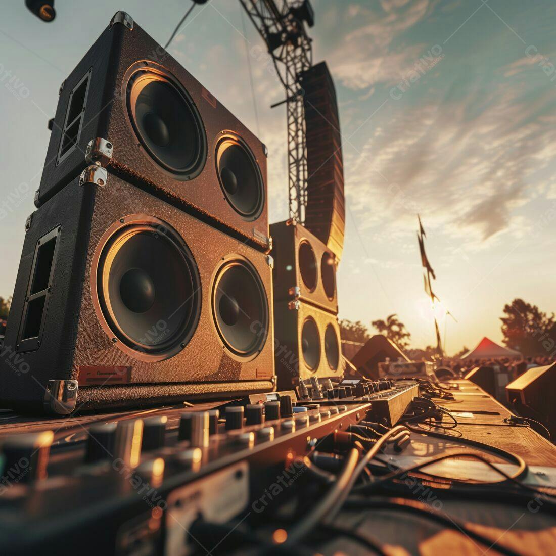 Caixas de som em festival ao pôr do sol