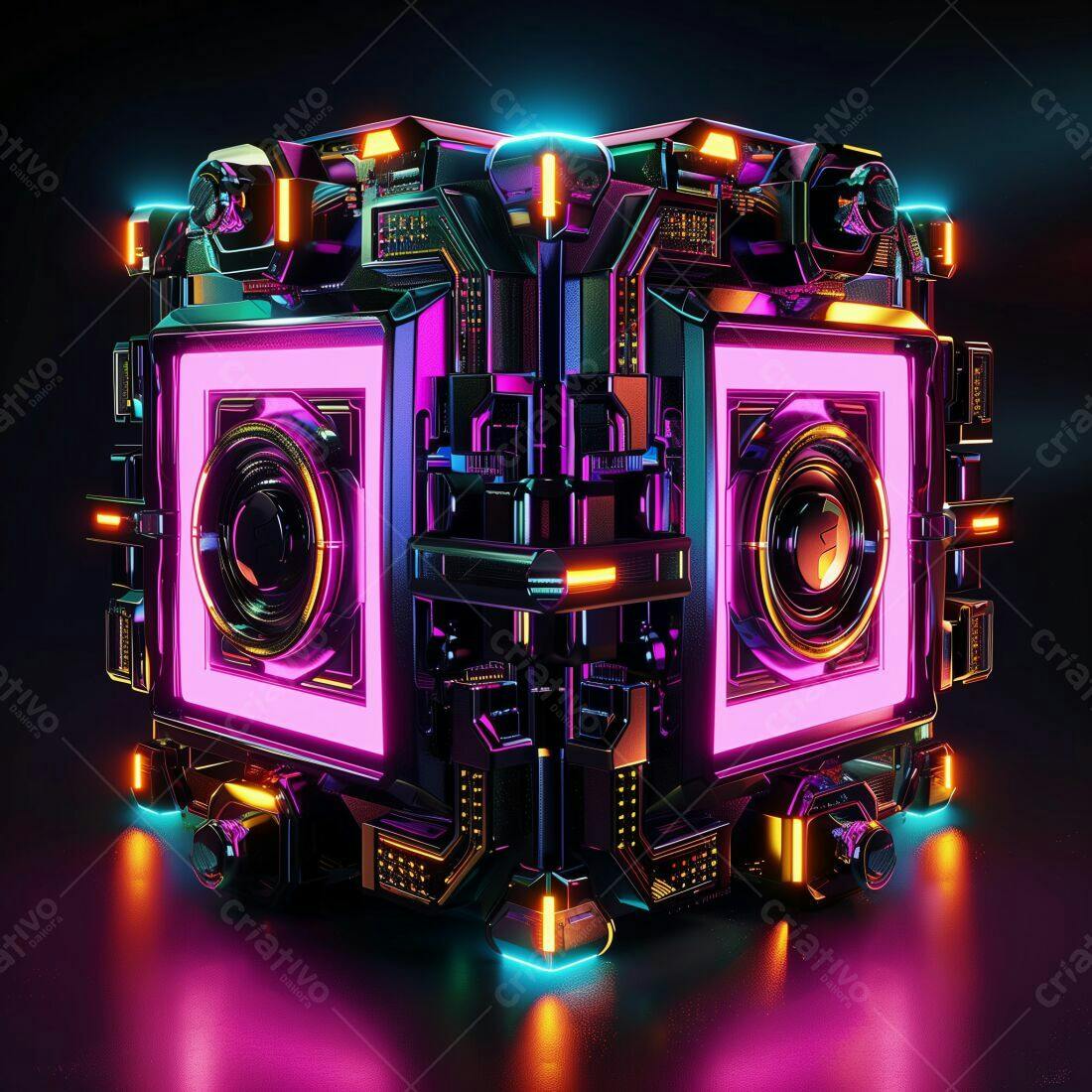 Cubo metálico futurista com luzes neon rosa e laranja