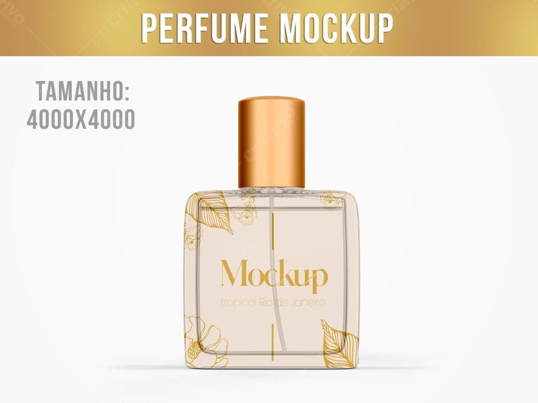 Mockup de Perfume: Frasco Retangular Dourado e Floral