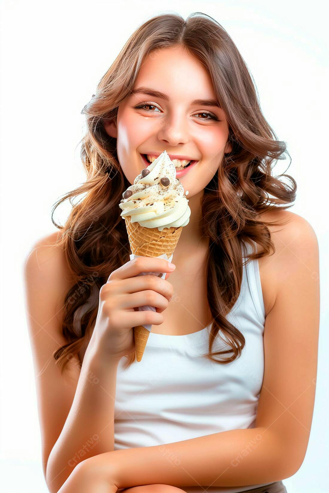 Sorvete de baunilha com gotas de chocolate jovem feliz