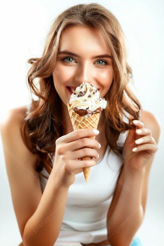 Uma linda mulher, tomando um sorvete de casquinha