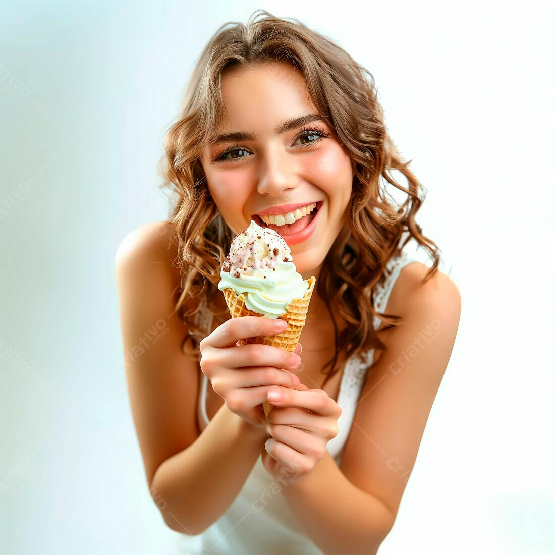 Sorvete cremoso em casquinha na mão de jovem feliz
