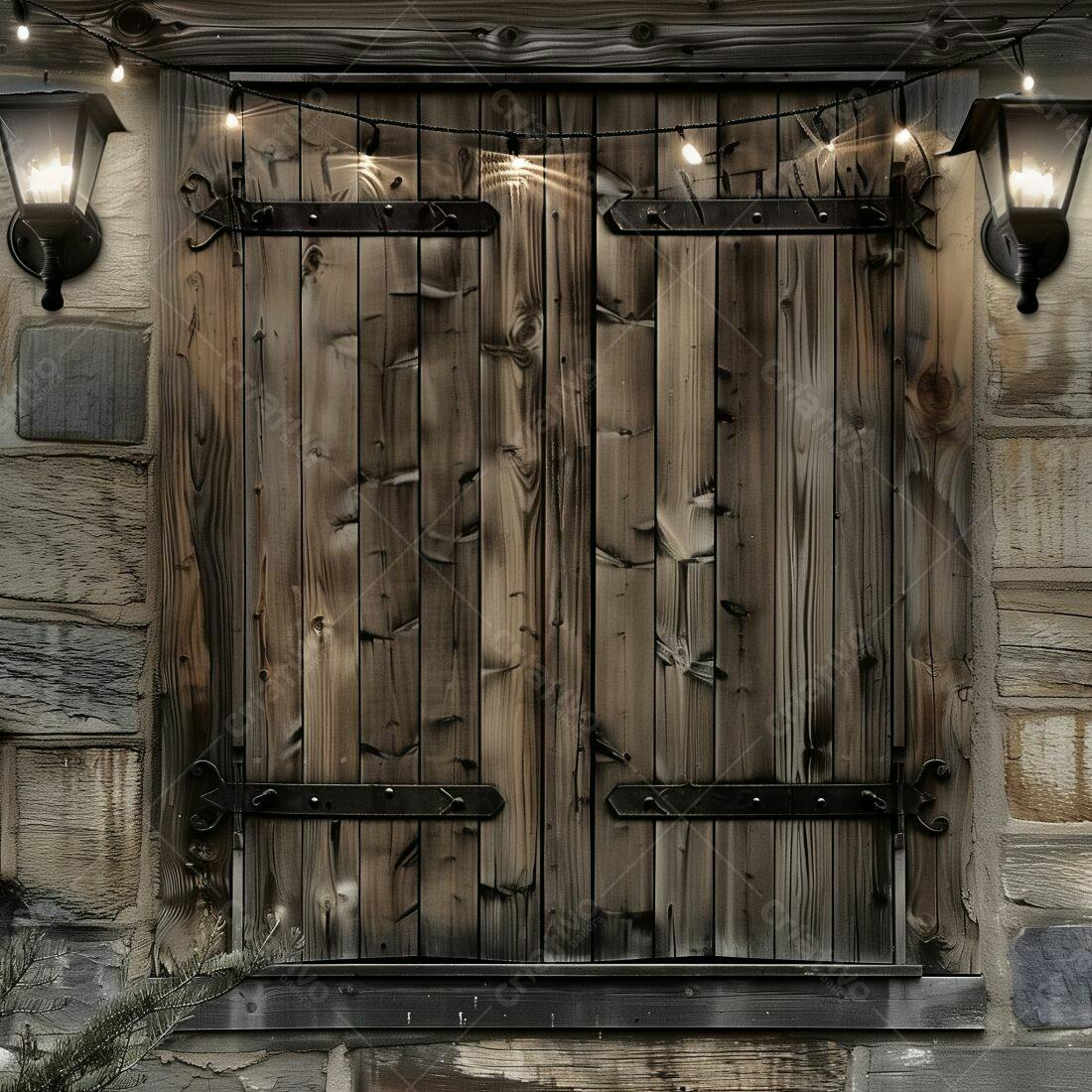 Portas de madeira antigas com luzes de Natal