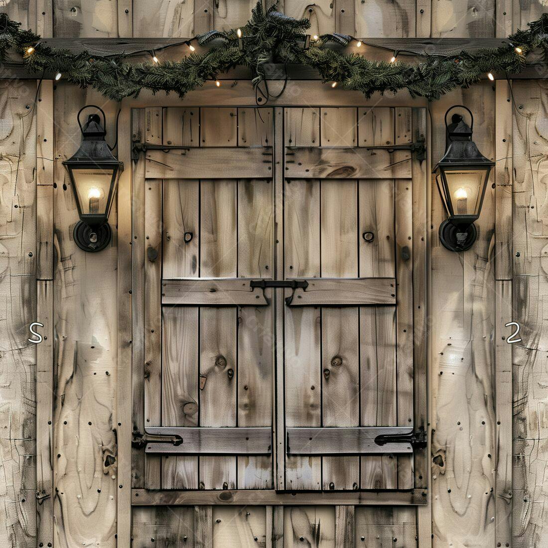 Porta de madeira rústica com luzes de Natal