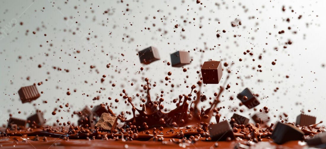 Bombons de chocolate caindo em chocolate líquido