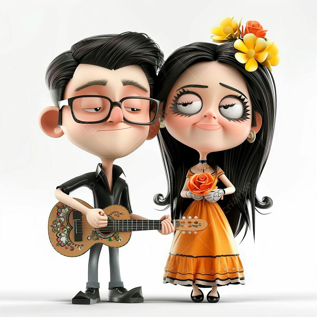 Casal apaixonado com violão em estilo cartoon