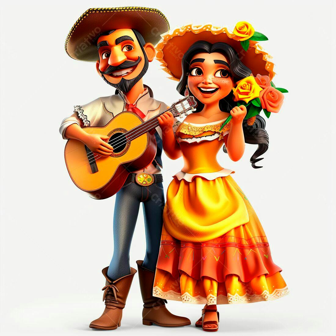 Casal mexicano tocando violão e segurando flores