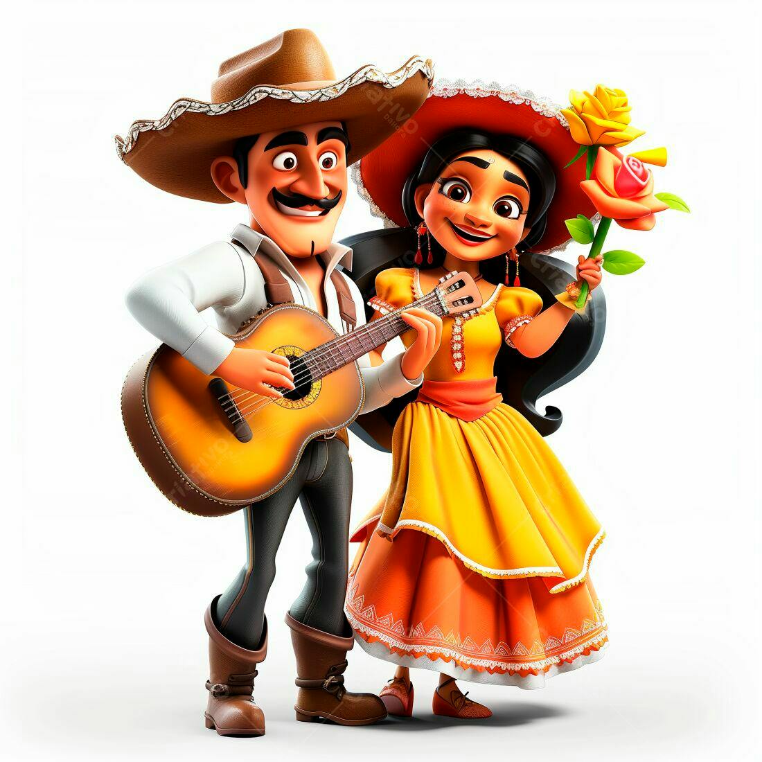 Mariachi tocando violão e mulher com rosas