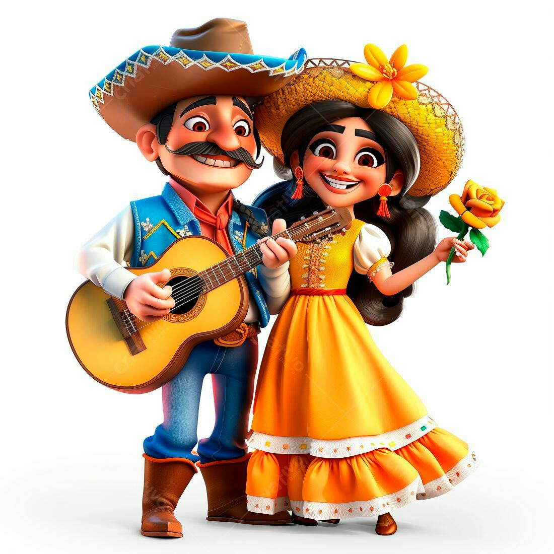 Casal mexicano tocando violão e segurando rosa