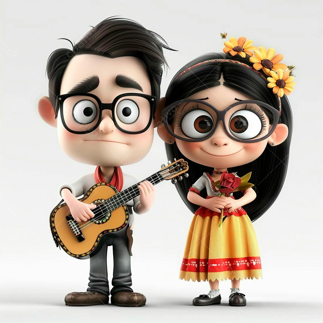 Desenho casal animado com violão e rosa