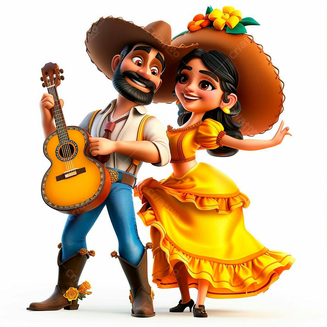 Casal mexicano dançando com violão amarelo