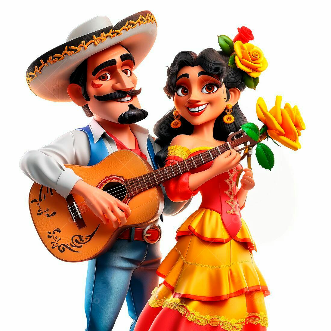 Casal mexicano tocando música com violão e rosas