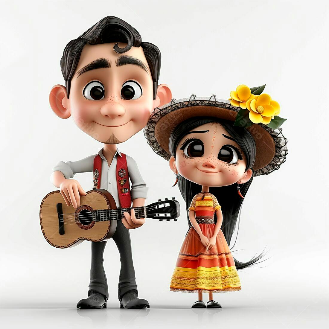Casal de desenho animado mexicano com violão