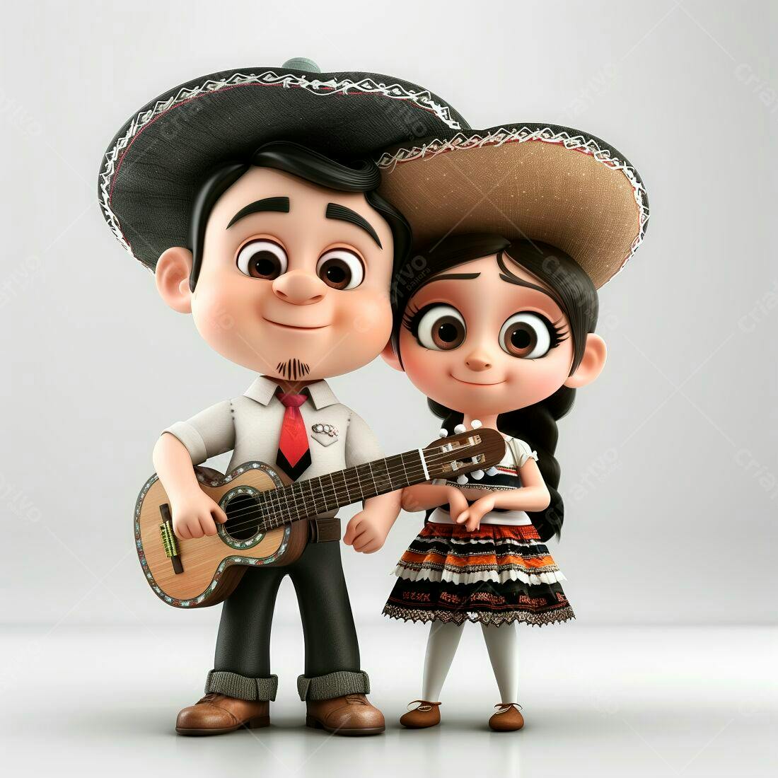 Casal mexicano com violão em estilo cartoon