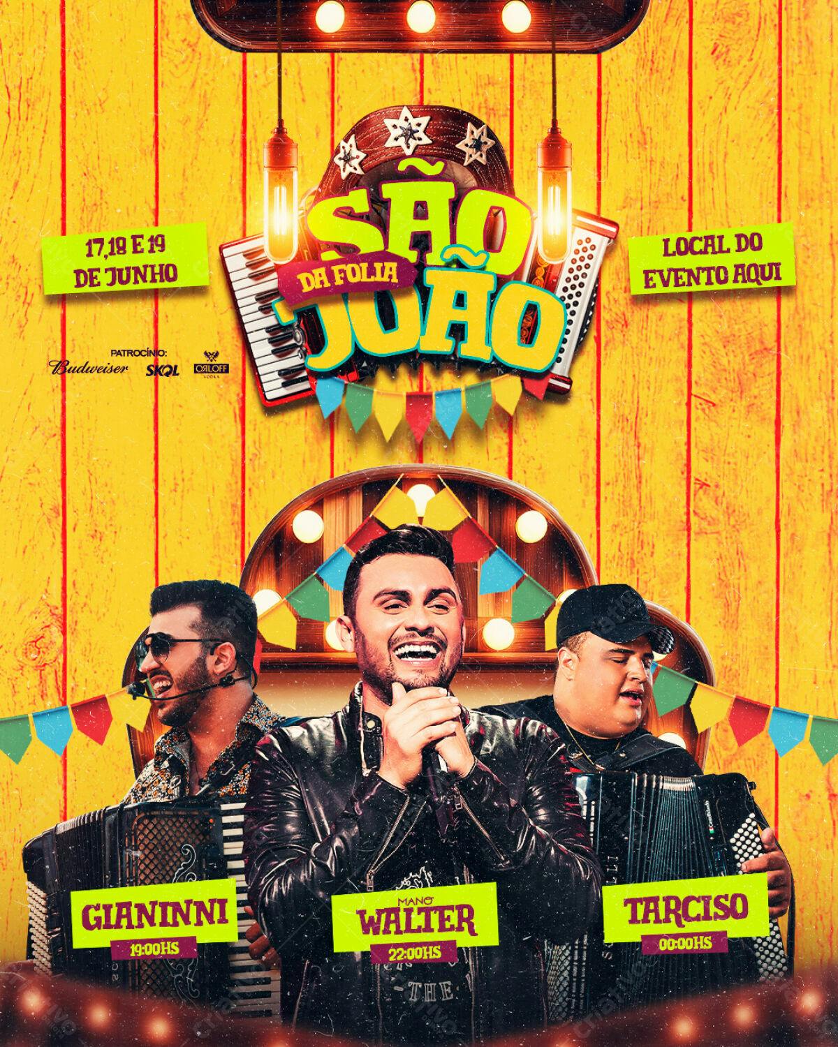 Flyer Festa Junina com Giannini, Mano Walter e Tarcísio PSD Editável