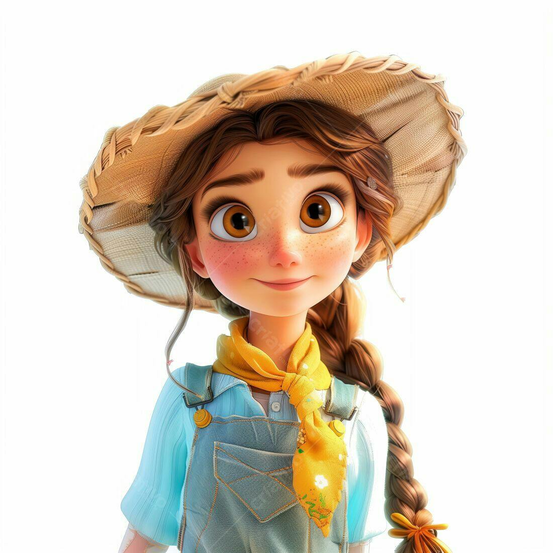 Menina fofa de chapéu de palha e macacão