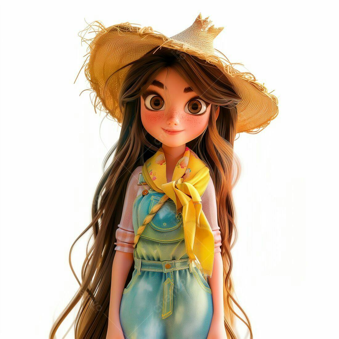 Menina fofa com chapéu de palha e macacão jeans