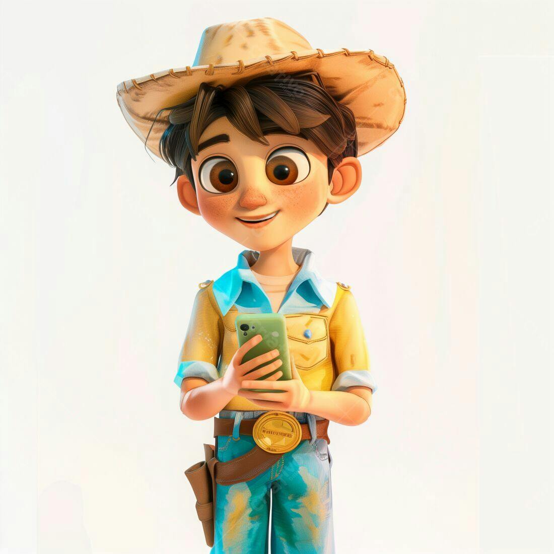 Menino usando celular chapéu de cowboy