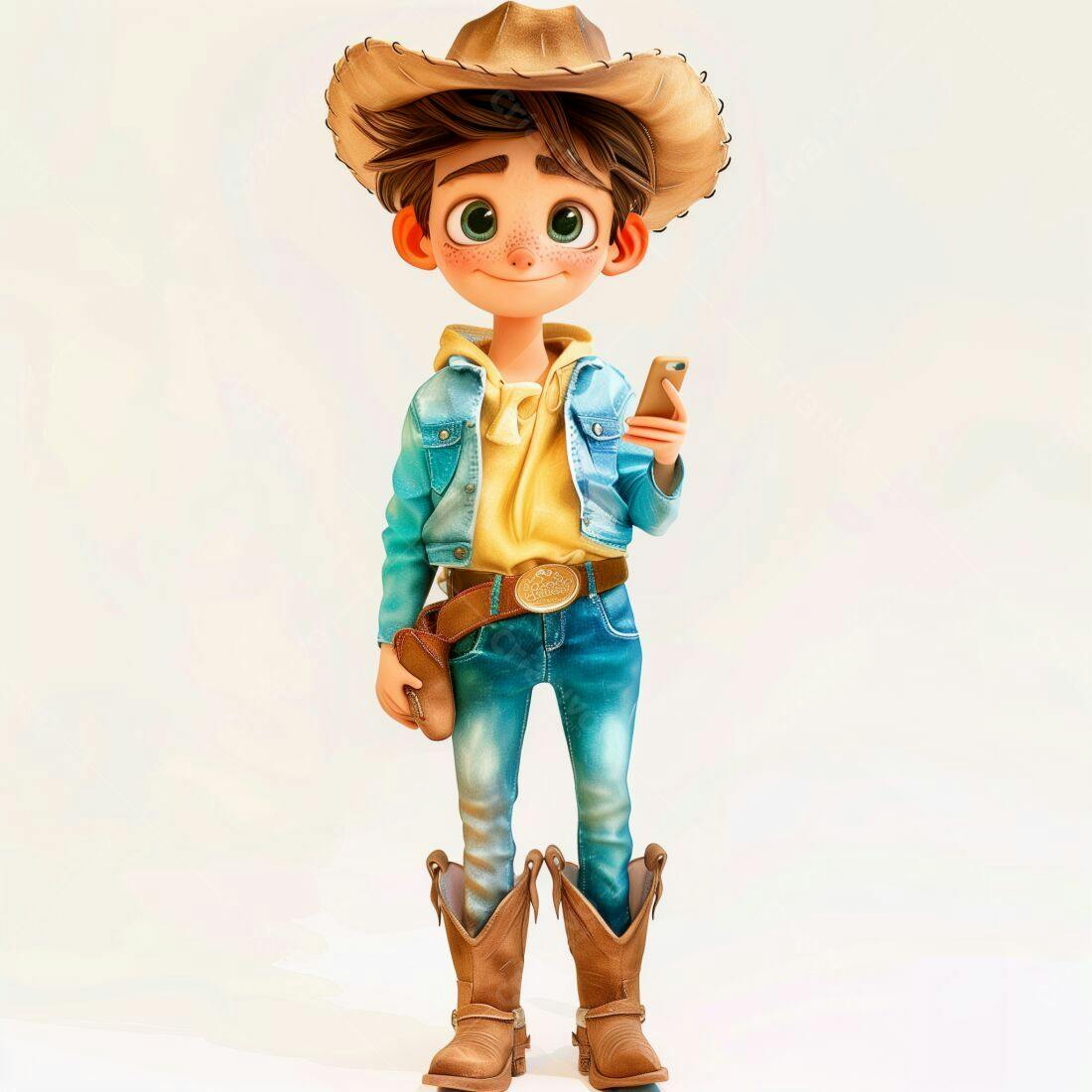 Menino vaqueiro com celular jeans e chapéu