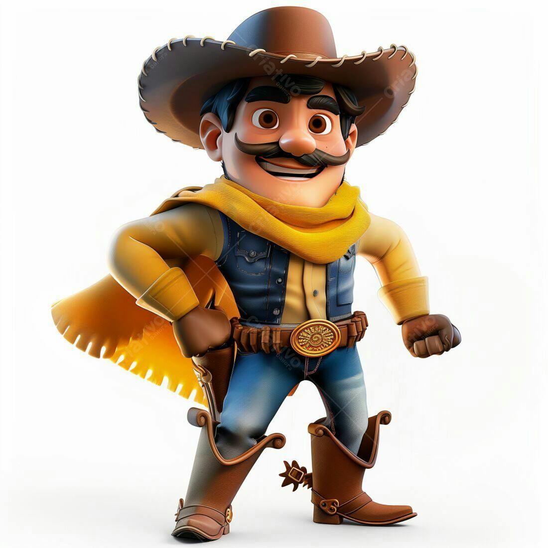 Cowboy animado sorrindo com chapéu e poncho amarelo