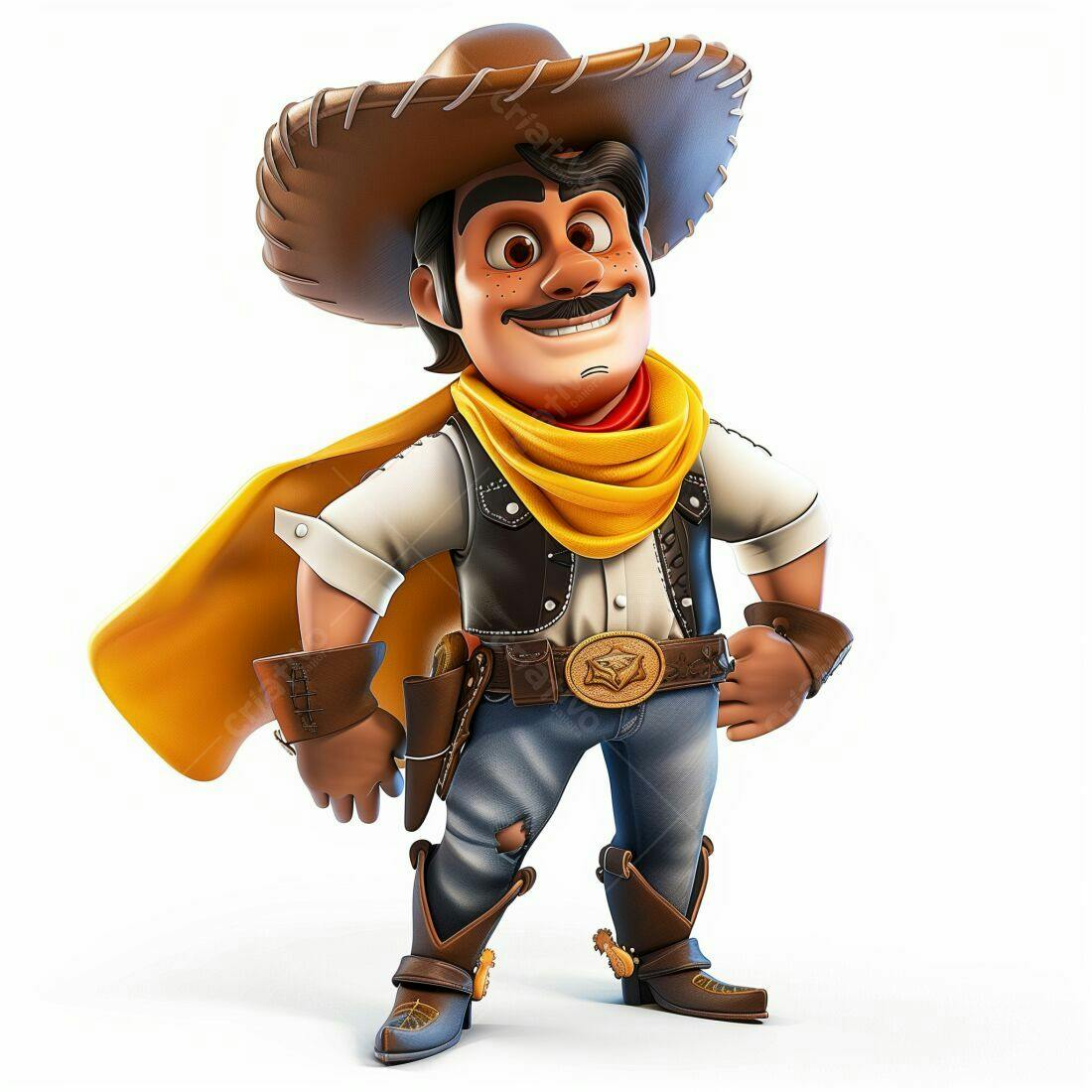 Cowboy animado sorridente com chapéu e capa amarela