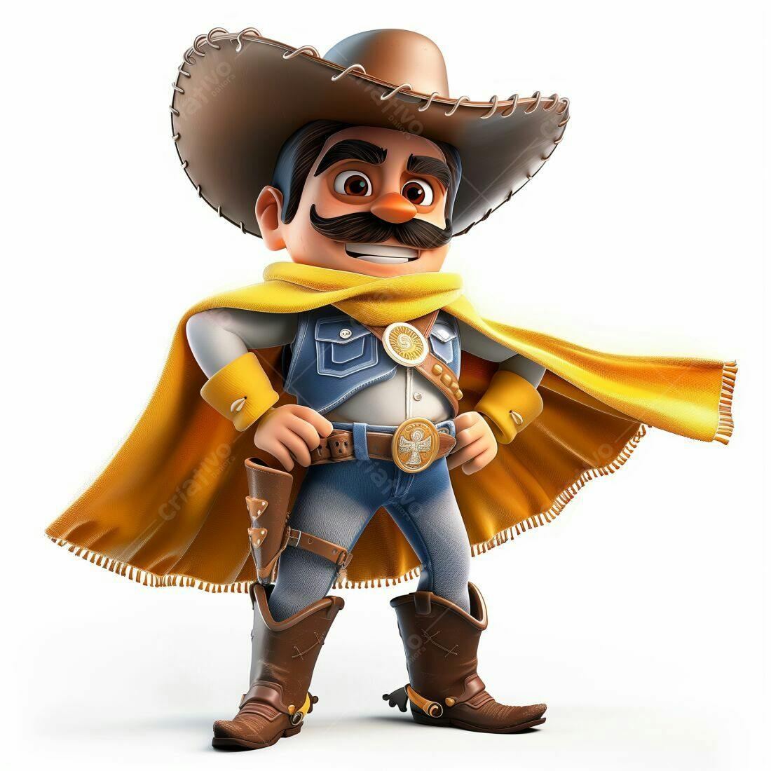 Cowboy 3D desenho animado alegre com capa amarela