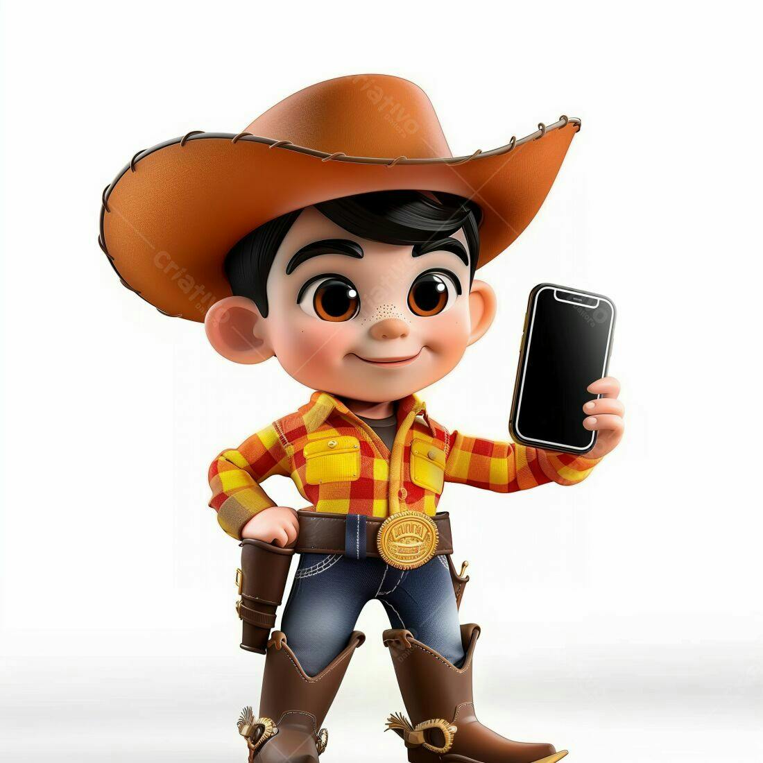 Cowboy mirim com celular mostrando tela