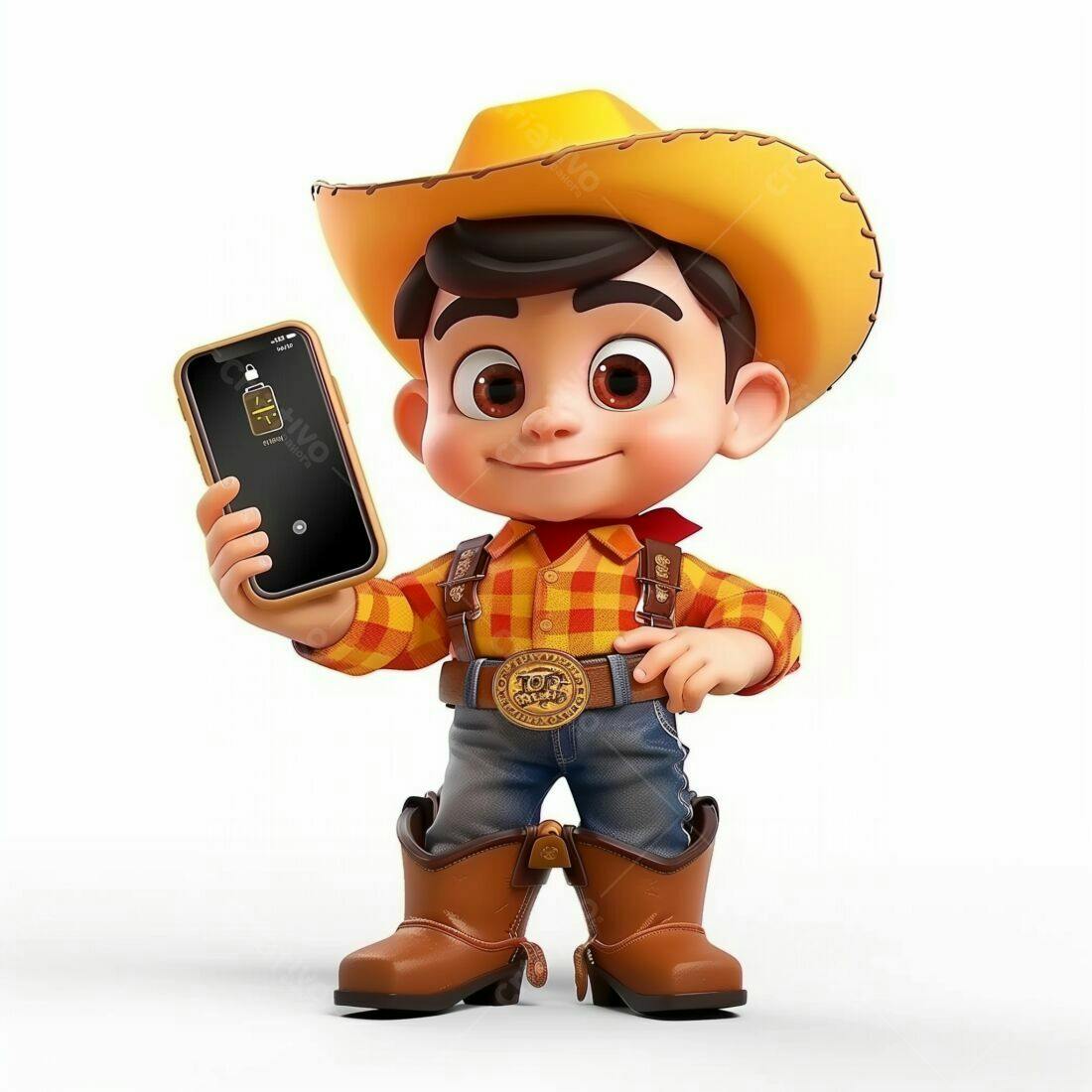 Personagem Cartoon Cowboy mostrando celular