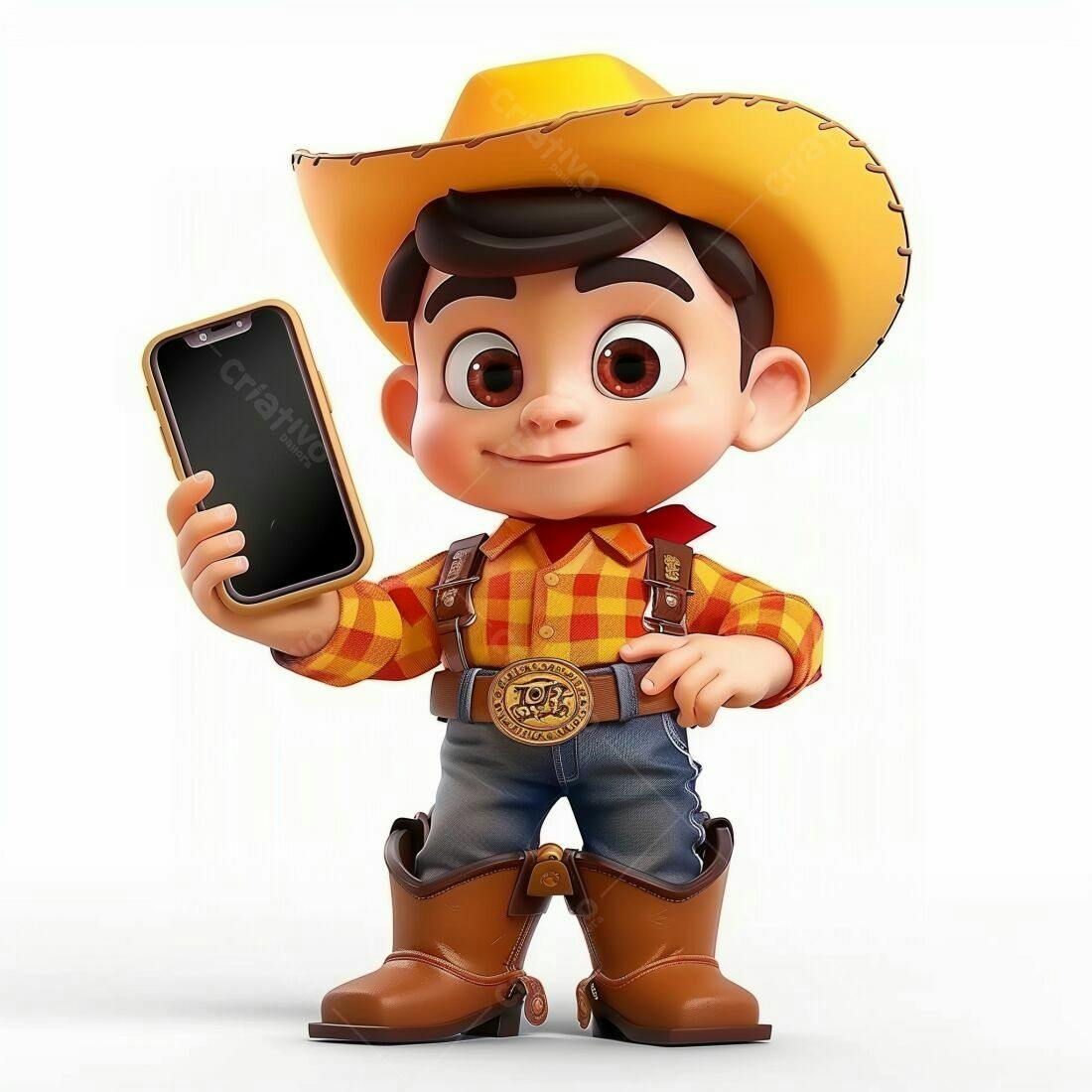 Menino vaqueiro mostrando celular fundo branco