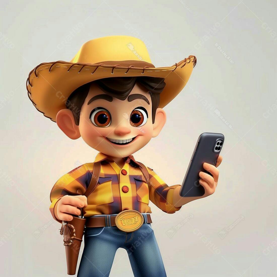 Menino vaqueiro usando celular sorrindo