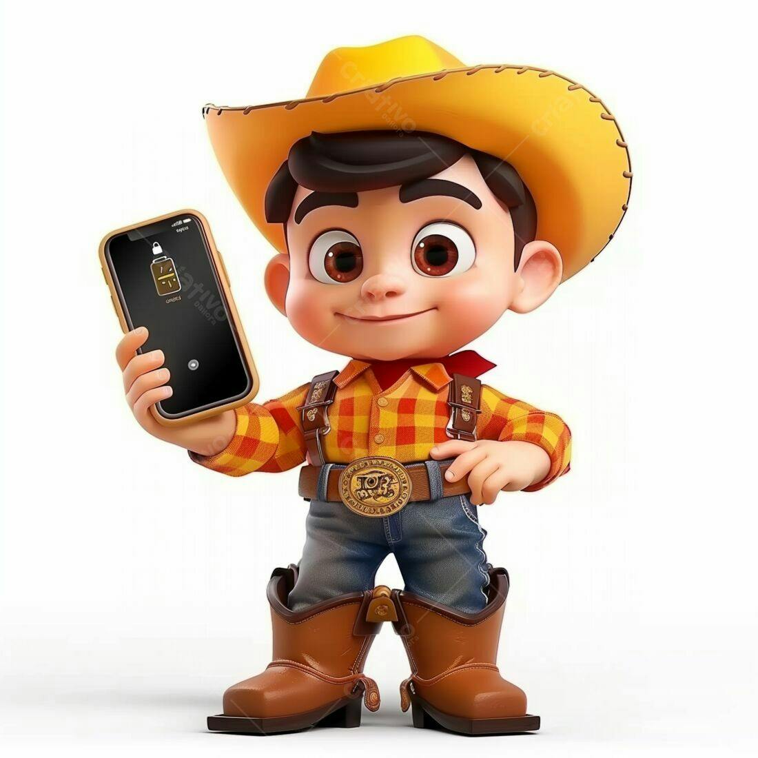 Menino Cowboy com Smartphone Carregando