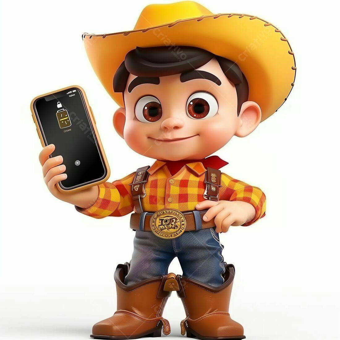 Menino vaqueiro mostrando celular com bateria baixa