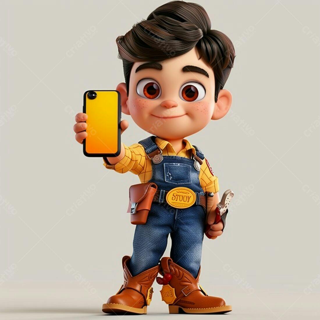 Menino Cartoon mostrando celular amarelo