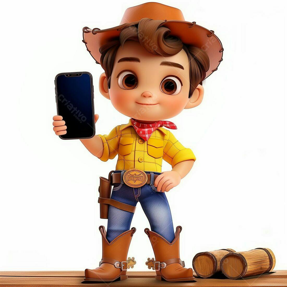 Cowboy mirim mostrando celular fundo branco