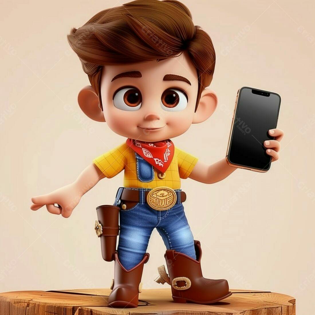 Menino vaqueiro 3D mostrando celular