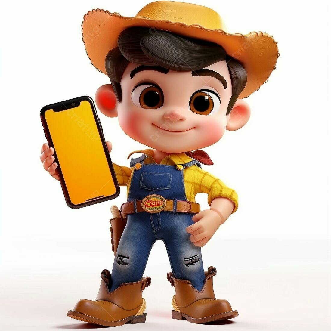 Menino 3D segurando celular amarelo
