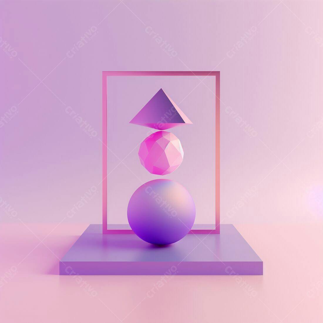 Escultura geométrica rosa e roxa em plataforma