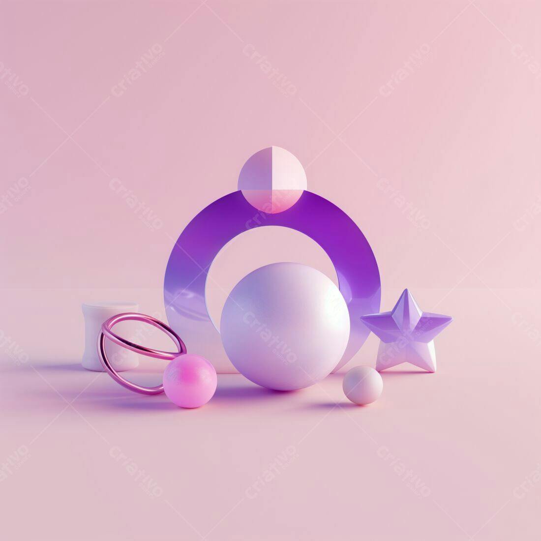 Composição Abstrata com Esferas e Anéis Rosa e Lilás