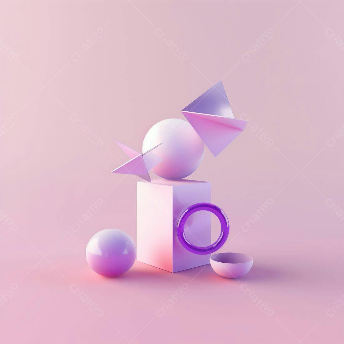 Composição Abstrata Rosa e Lilás com Formas Geométricas