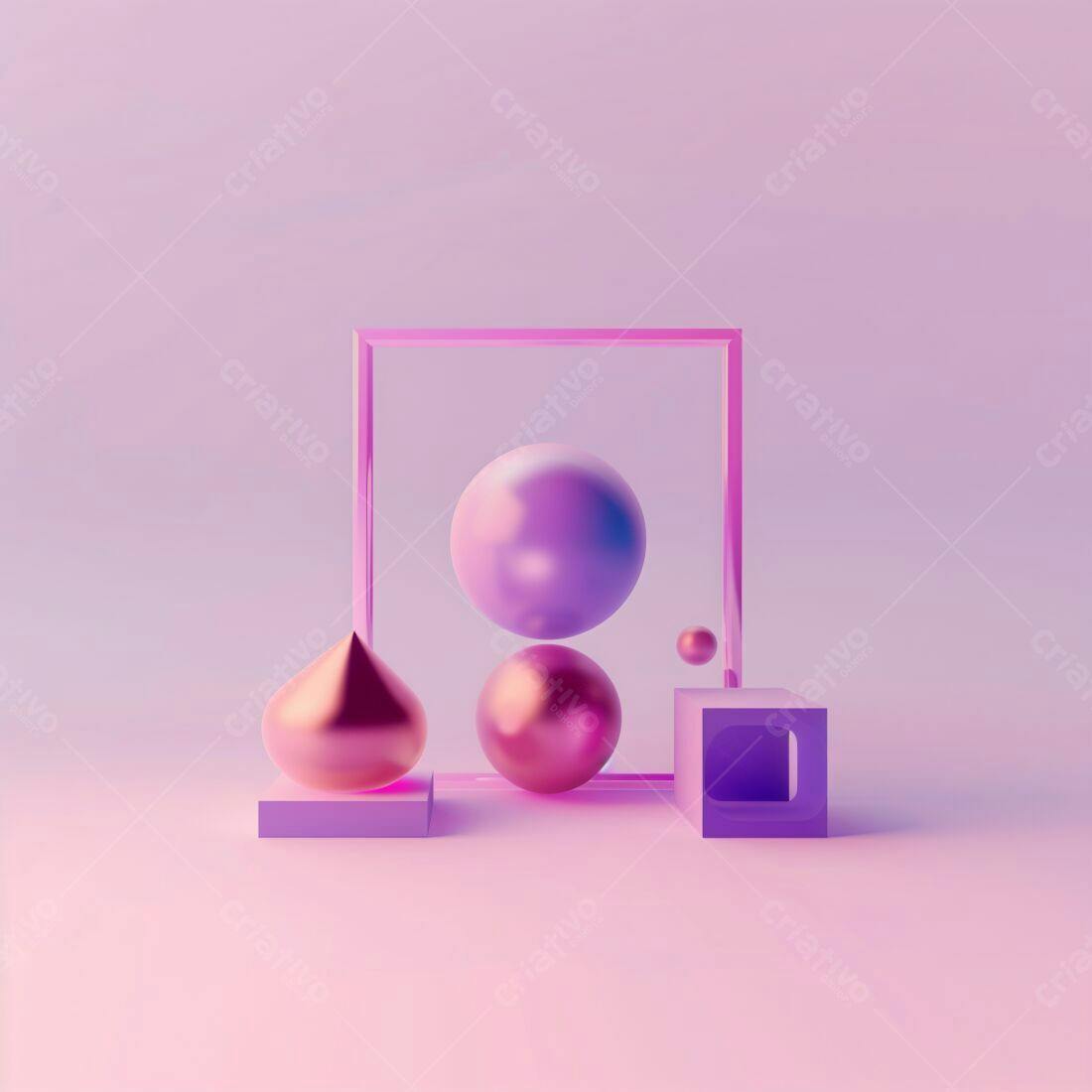 Esferas e formas geométricas em tons rosa e roxo