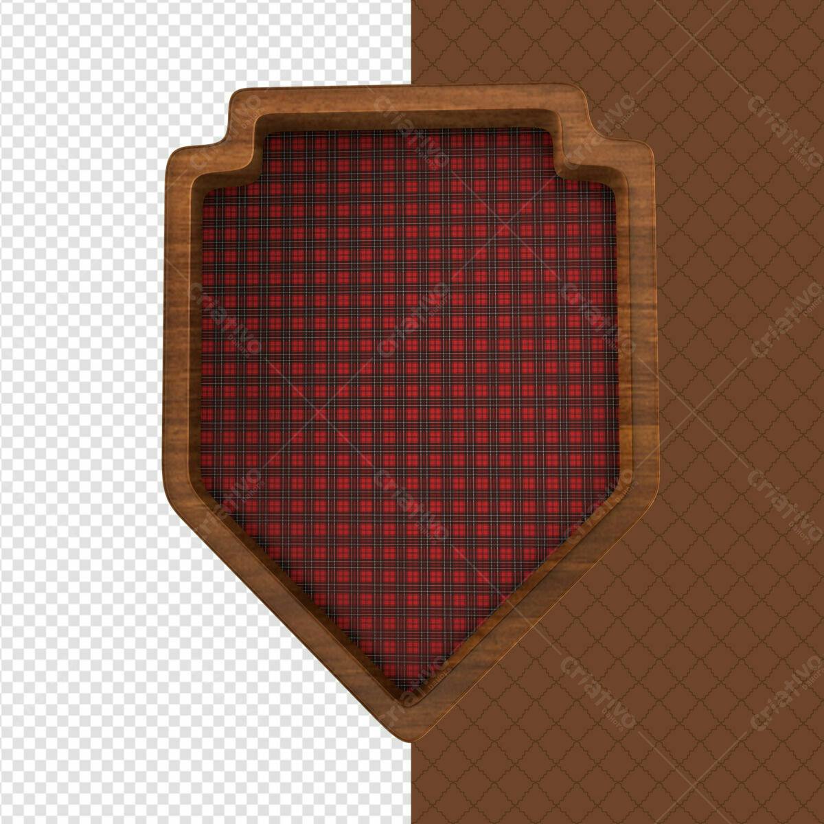 Badge em Madeira com Padrão Xadrez Vermelho PSD Editável