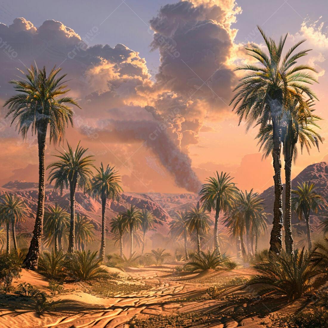 Paisagem desértica com palmeiras ao entardecer