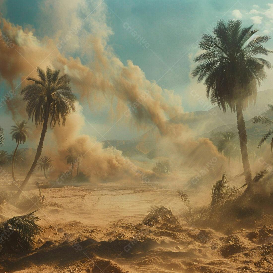Paisagem desértica com tempestade de areia e palmeiras