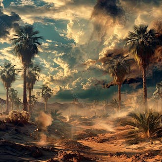 Tempestade de areia no coração do deserto com palmeiras 11