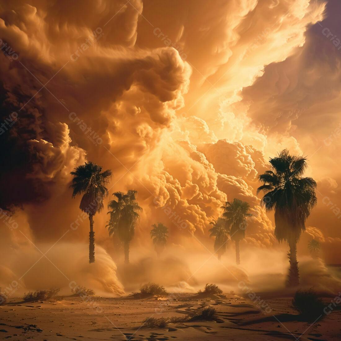 Tempestade de areia no deserto com palmeiras
