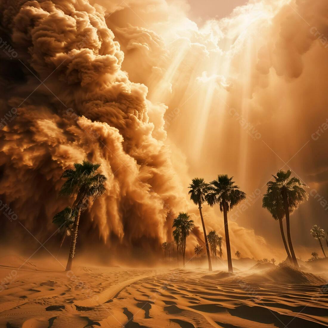 Tempestade de areia no deserto com palmeiras